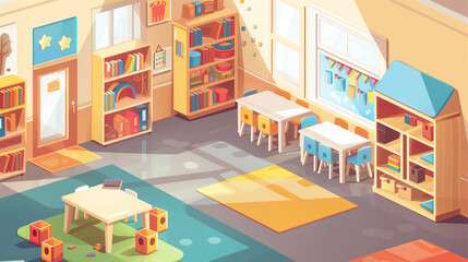 modern kindergarten interior, designed to offer a cutting-edge learning environment for young children. isometric illustration