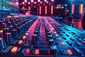 Professional Audio Mixing Console in Studio, a professional audio mixing console with illuminated...