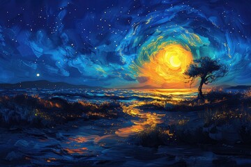 Digital art painting of a vibrant starry night over a dynamic, swirling landscape, reminiscent of...