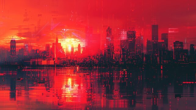 Digital glitch art bursts with vivid pixels, a cyberpunk cityscape