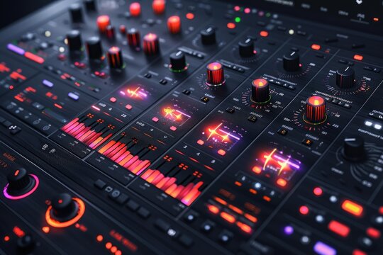 Professional Audio Mixing Console in Studio, a professional audio mixing console with illuminated buttons and sliders in a music production studio environment.