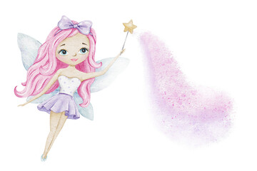 Cute little fairy with a magic wand and light blue wings. Isolated watercolor illustration. For kid's goods, clothes, postcards, baby shower and children's room