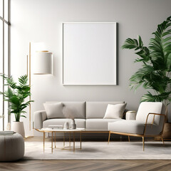 blank poster frame mockup on white wall living room with sofa with green plant Generative Ai