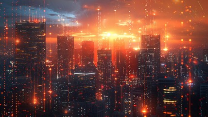 Fototapeta premium Futuristic network defense mechanisms envelop skyscrapers in the evening glow