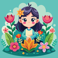 Cute little girl sitting in lotus flower garden vector illustration.