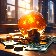 Imaginary fantastic, realistic, super detailed coins in a splash of sparks , super-detailed glass sphere, fictional sci-fi money of the future in digital space on a table in a room with a window