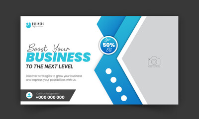 Corporate creative YouTube thumbnail and social media cover design, digital marketing agency live video streaming for business promotion on abstract blue colorful shapes and white background - obrazy, fototapety, plakaty