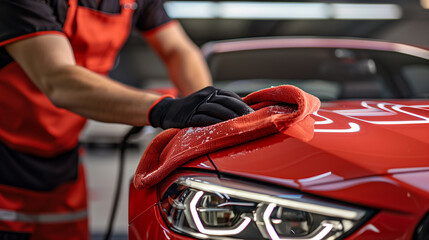 Gather car details, A man holds a microfiber cloth and meticulously polishes a car.
