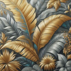 Imitation oil painting tropical leaves and flowers in gold and silver color, textured brush strokes, suitable for interior painting.
