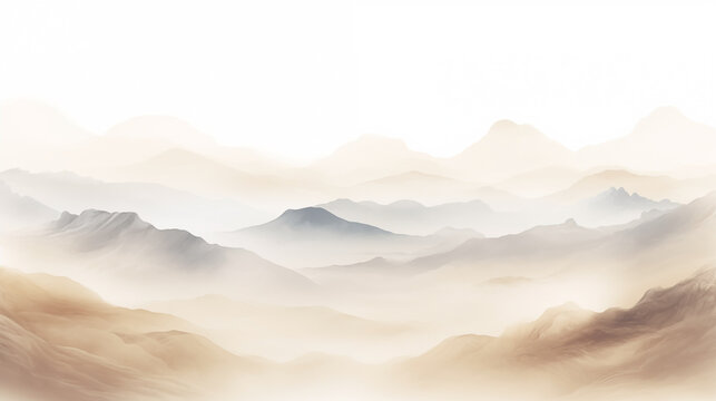 Serene mountain range in misty hues, watercolor background in minimalist style