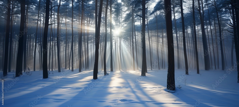 Aufkleber enchanting winter forest with sunlight streaming through trees creating a magical background