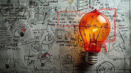 Red and yellow bulb stands out in a wall of business strategy doodles