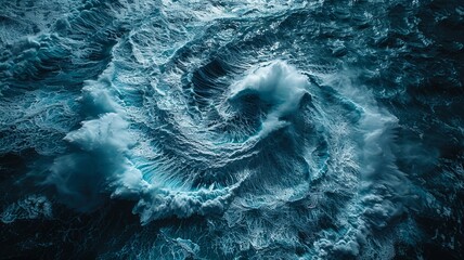 Vast blue sea under the spiral of a massive tempest from above