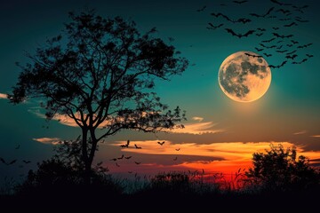 Fototapeta na wymiar Dramatic Halloween sky with full moon, bats and trees silhouette background 