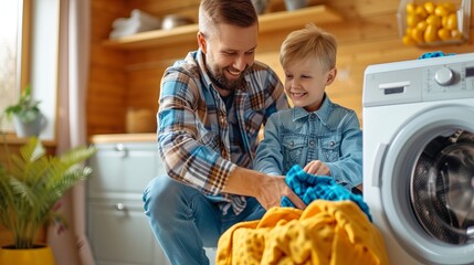 Father and son team up to tackle the task of loading dirty laundry into the washing machine