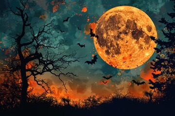Dramatic Halloween sky with full moon, bats and trees silhouette background  