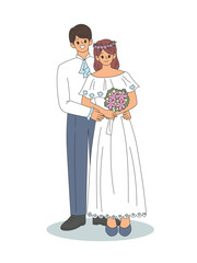Wedding couple bride and groom. man and woman characters embrace together. Happy celebrates a wedding day. Flat cartoon style vector illustration isolated on white background