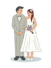 Wedding couple groom and bride. Man and woman characters standing together and holding bouquet. Happy celebrates a wedding day. Flat cartoon style vector illustration isolated on white background
