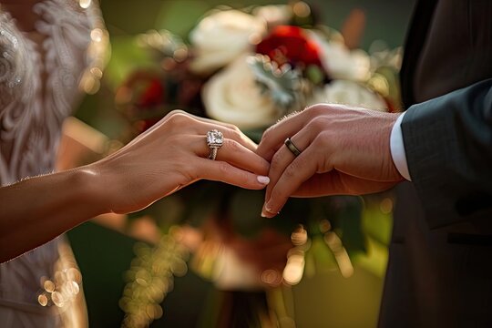 A unique wedding ring exchange captured with a macro lens highlighting the rings details