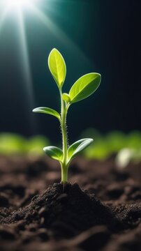 plant growing from soil, fragile green sprout breaks through the ground on a dark background, sunset, copy space, soft focus. vertical photo for stories. Seed germination. Earth environment concept.