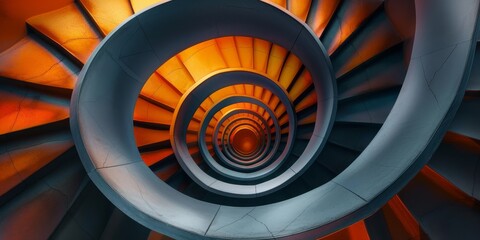 A spiral staircase with a blue and orange color scheme