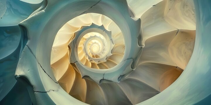 A spiral shell with a white and blue color scheme