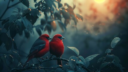 Roseate birds stand in a moonlit grove, azure leaves whispering tales - obrazy, fototapety, plakaty