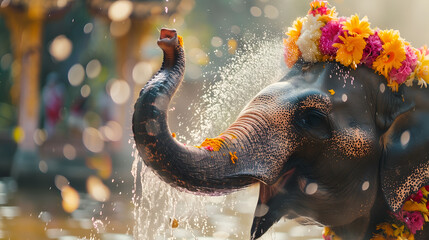 Decorated elephant with garland in Songkran festival at Thailand - obrazy, fototapety, plakaty