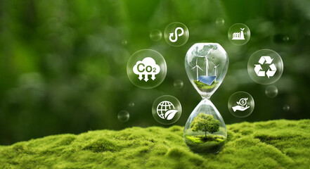 LCA life cycle assessment concept. Hourglass with LCA icon. Environmental impact assessment related to product value chain. Business value chains and sustainable growth. - obrazy, fototapety, plakaty