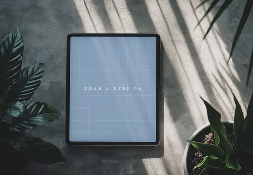 Top View Of A Tablet Mockup Surrounded With Plants,  Generative ai