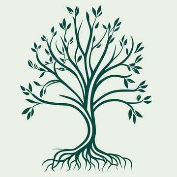 tree with leaves, plain background, many leaves, vector illustration line art