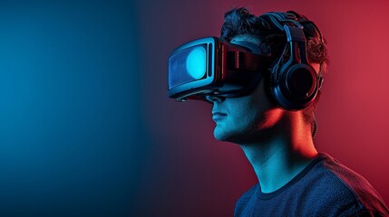 Creative young man with hi tech glasses and headphones against vibrant background