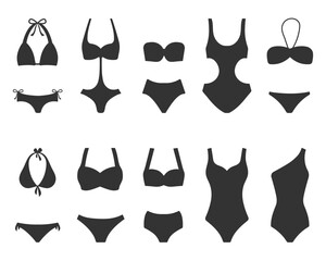 Bikini collection. Women's swimwear silhouettes on a white background. Underwear. Vector illustration. - obrazy, fototapety, plakaty