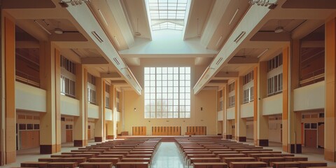 A large empty auditorium with a large window in the middle - obrazy, fototapety, plakaty