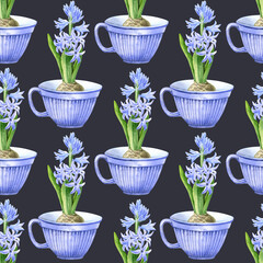 Seamless pattern of watercolor porcelain cup with hyacinth flower . Hand drawn illustration. Painted elements on dark background. Painting floral theme. Wide lavender cup. For print decoration.