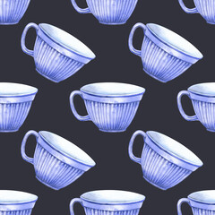 Seamless pattern of watercolor tea porcelain cup. Hand drawn illustration. Painted elements on dark background. painting crockery theme. Wide lavender cup. For print decoration, fabric, wrapping.