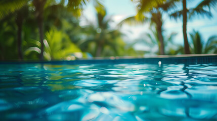 Fototapeta na wymiar Palm Tree-Lined Pool With Blue Water