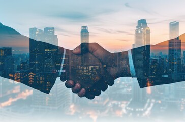 Double Exposure of Business Handshake and Cityscape