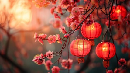 Red lanterns adorn floral spring, vivid festive spirit in bloom