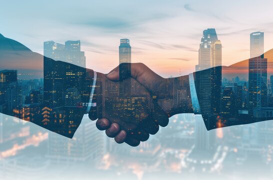 Double Exposure of Business Handshake and Cityscape