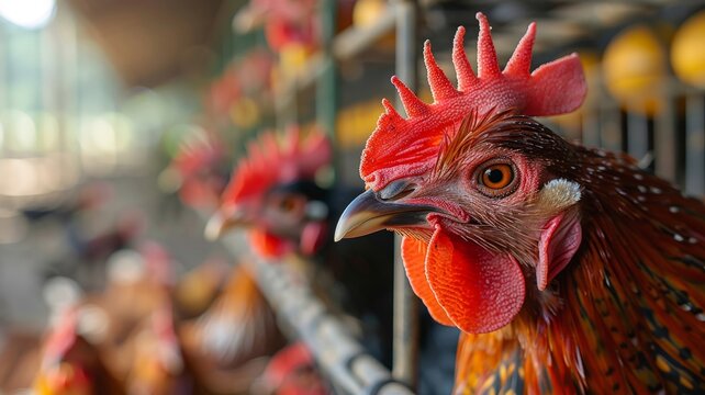 Close-up on poultry during feeding time captures the essence of sustainable farming