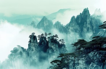 Tranquil Chinese Ink-Style Mountain Landscape - obrazy, fototapety, plakaty
