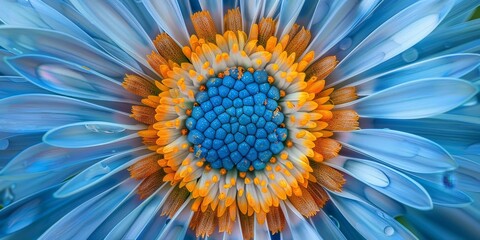 A close up of a blue and orange flower with a blue center