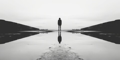 A man stands on a bridge looking out over a body of water