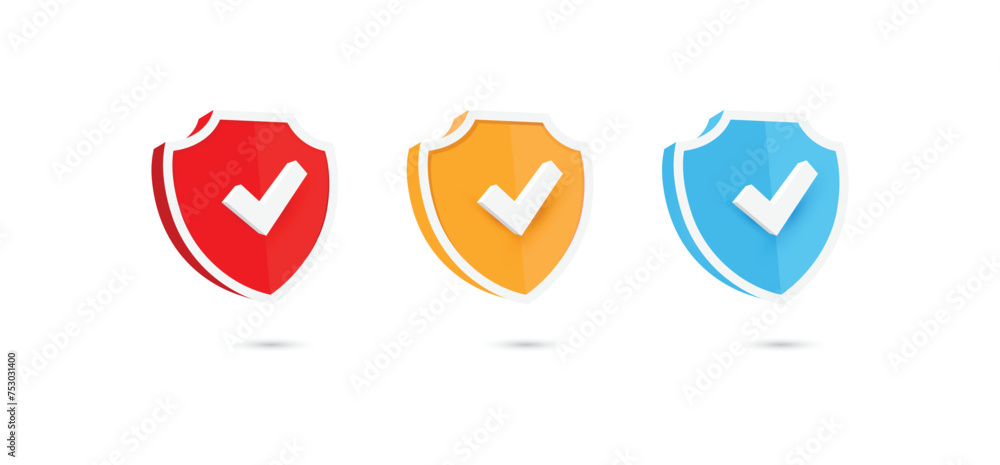 Aufkleber set of three colorful shield icons design with checked sign for approval. vector illustration.