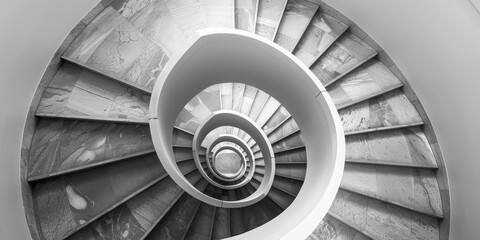 A spiral staircase with black and white steps