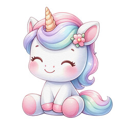 Cute Unicorn Character Sitting Pose illustrations in watercolor texture style, colorful kawaii unicorn 