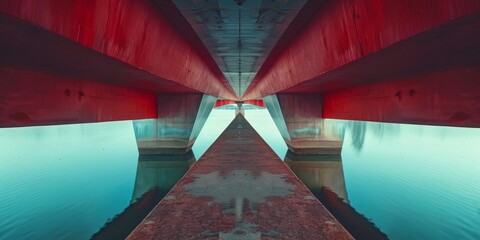 The bridge is red and has a reflection of the water below
