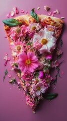A pizza slice creatively adorned with an array of pink flowers