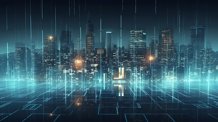 Fototapeta premium Smart city on background, featuring smart infrastructure and connected buildings